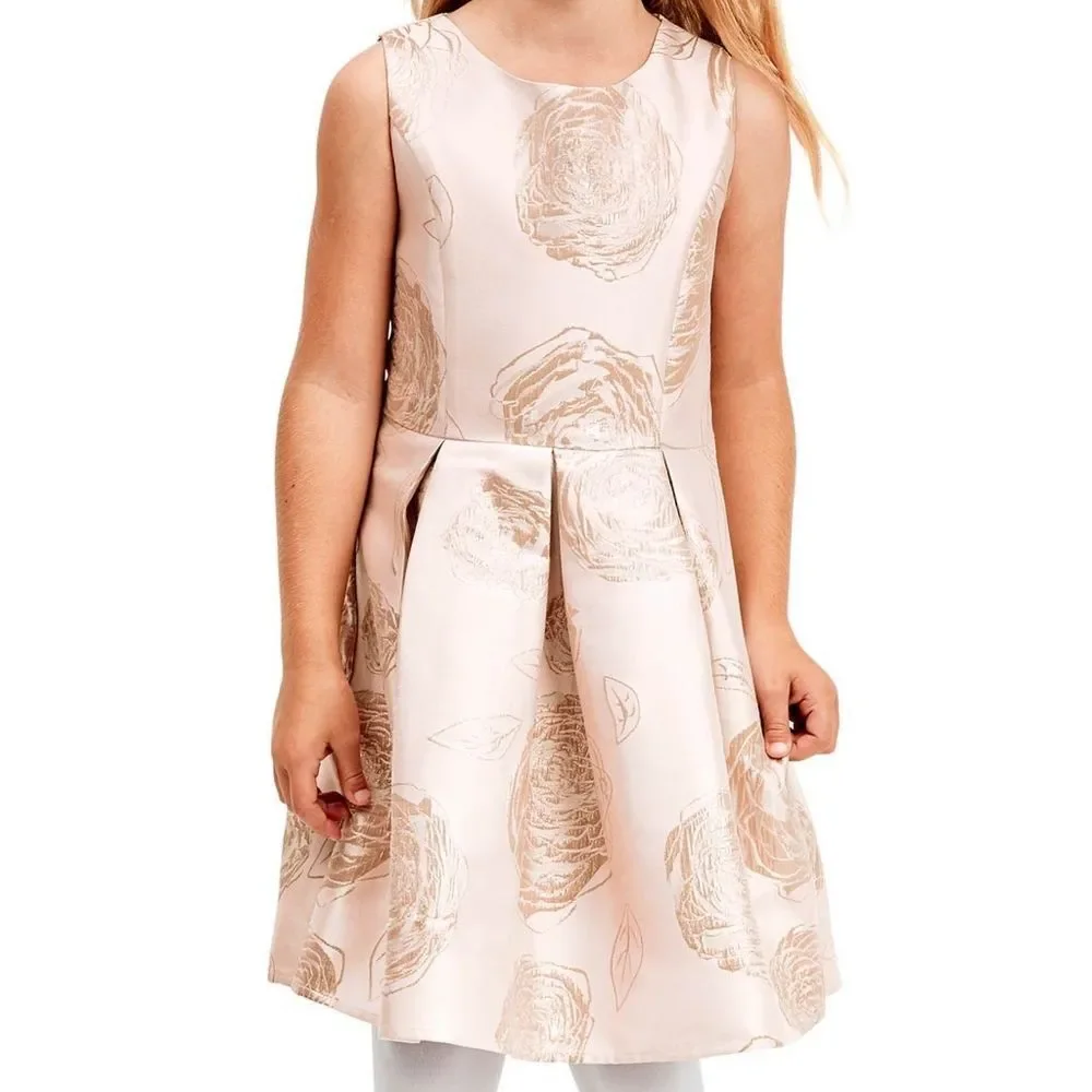 Girls Pink Rose Gold Brocade Jacquard Formal Flower Roses Dress Size 4t